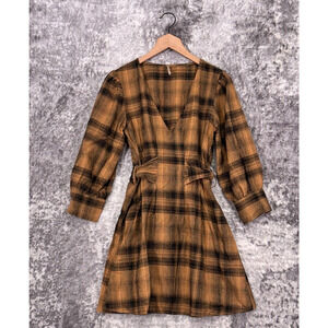Free People Dress 2 Womens Plaid Long Balloon Sleeve V Neck Tie Back